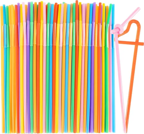 Vista 9 de 150 popotes desechables de plástico para beber, popotes flexibles, desechables, largos, coloridos, de plástico, a rayas, varios colores para uso