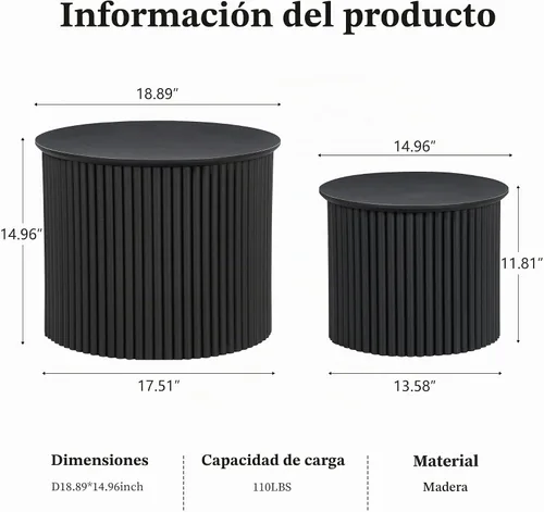 Vista 2 de AVZEAR Juego de 2 mesas de centro redondas anidables, mesa de centro pequeña acanalada, mesa lateral circular, mesas anidables de madera
