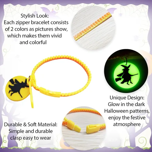 Vista 6 de OuMuaMua Pulseras con cremallera para fiestas de Halloween para niños, paquete de 28 pulseras con cremallera que brillan en la oscuridad
