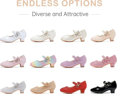 Vista 7 de Dufannie Zapatos de vestir para niñas, zapatos de tacón bajo de princesa, zapatos planos con purpurina para bodas y fiestas