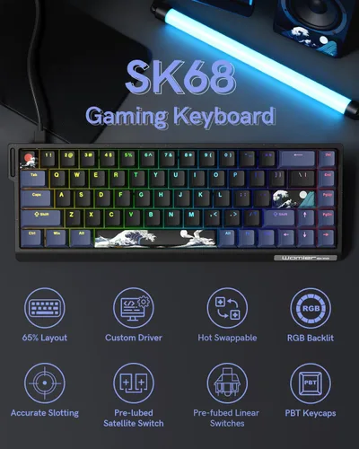 Vista 2 de SK68 - Teclado para juegos al 65%, mini teclado retroiluminado con cable con enchufe 100% intercambiable en caliente, 68 teclas, teclado con cable