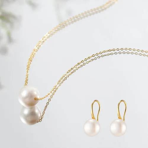Vista 7 de Juego de collar de perlas de agua dulce chapado en oro para mujer