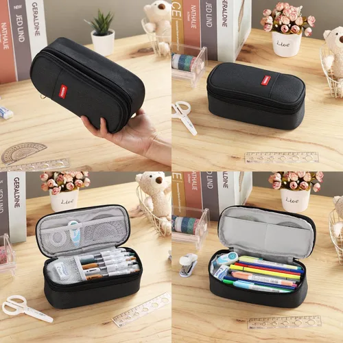 Vista 6 de Dugio Estuche grande para niños, organizador para lápices, con cremallera, para la escuela, adolescentes, niños, estético, grande, color negro