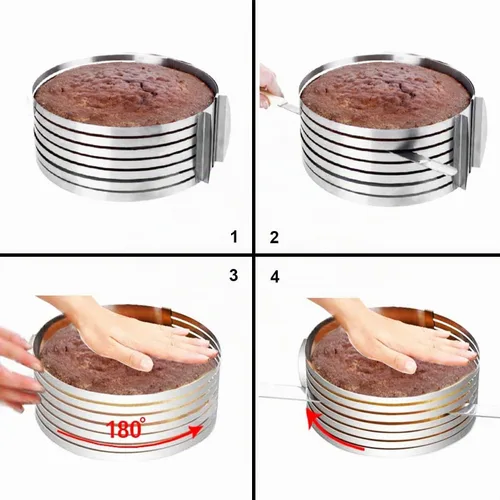Vista 2 de Anillos de acero inoxidable para tartas, 2 piezas, rebanador de tartas, ajustable, multicapa, moldeo circular, formando anillos redondos
