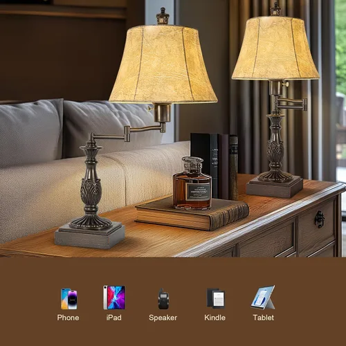 Vista 3 de Scenekoy - Juego de 2 lámparas de mesa tradicionales rústicas de 23.5" con brazo oscilante ajustable de 350°, con puertos USB A+C, acabado marrón