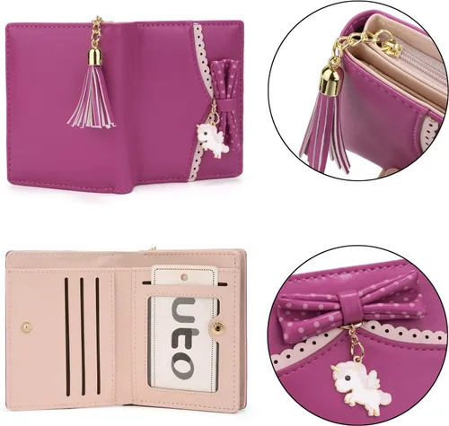 Vista 4 de UTO - Billetera para niñas de cuero vegano, lindo gato colgante, organizador de tarjetas, monedero para mujeres, Unicorn Ace Rose Pink, S