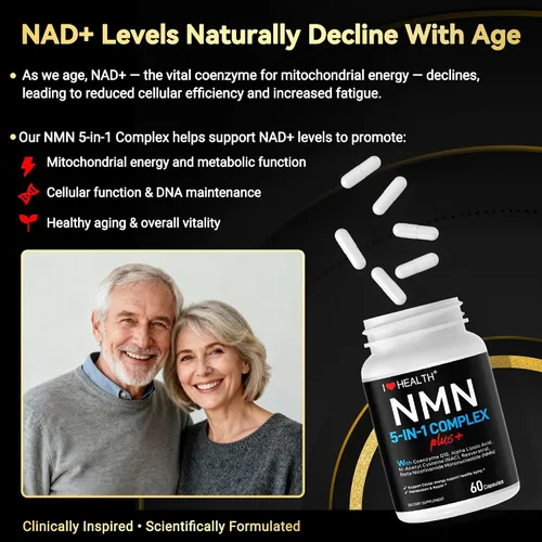 Vista 2 de NMN Complex Plus+ para mujeres y hombres con NAC, ácido alfa lipoico, CoQ10 y resveratrol, energía celular 5 en 1 y apoyo al envejecimiento