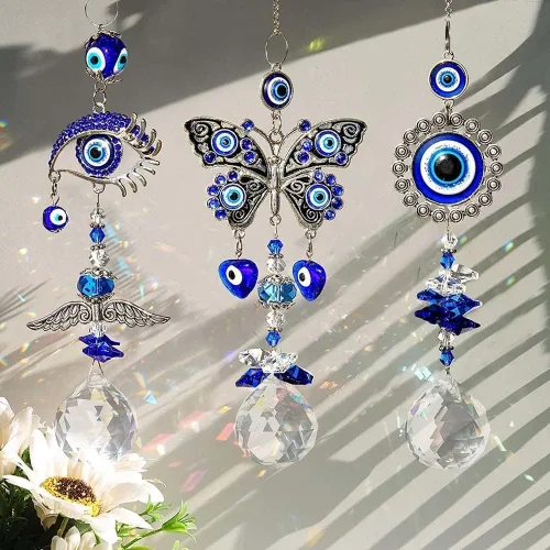 Vista 10 de Colgante de cristal azul con dije de ojo malvado, mariposa, ángel, girasol, talismán, atrapa el sol, hecho a mano, amuleto de buena suerte, oficina