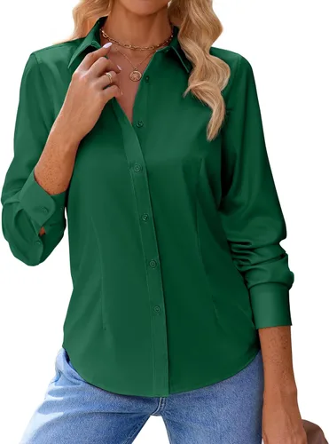 Vista 14 de siliteelon Camisas con botones para mujer, con protección contra manchas, de manga larga, sin arrugas, blusas de oficina