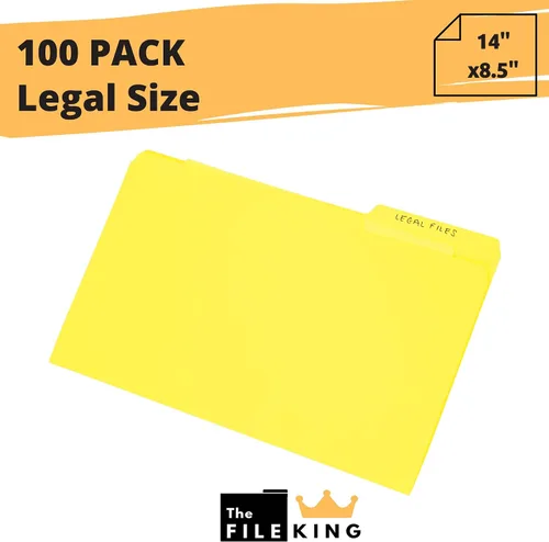 Vista 2 de The File King Carpeta de archivos amarilla – Tamaño legal Caja de 100 Pestaña superior de corte 1/3 Organiza papeles para un fácil