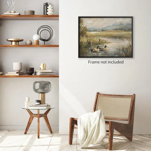 Vista 4 de Haitunone Póster de estanque de pato real con animales de granja, arte de pared, pintura de pato vintage, pintura al óleo, cazador de pájaros
