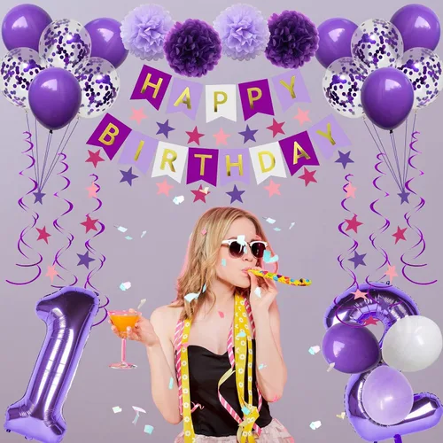 Vista 2 de Decoraciones de cumpleaños número 12 para niñas, globos morados de feliz cumpleaños, pancarta, globos de números, serpentinas de estrellas