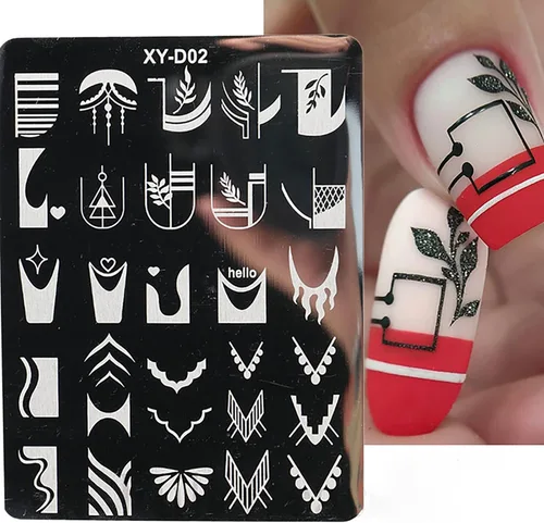 Vista 4 de Juego de 6 plantillas de estampado de uñas con líneas francesas, flores, hojas, diseño de corazón sonriente, kits de estampación, herramientas