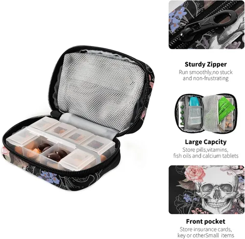 Vista 4 de Naanle Pastillero de acuarela con diseño de calavera y flores de 7 días, bolsa organizadora de píldoras de viaje con cremallera, funda semanal
