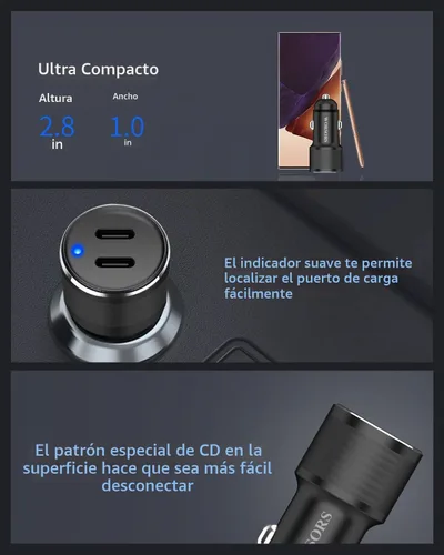 Vista 6 de Cargador de coche dual de 45W USB C, carga súper rápida de 90W máx, adaptador de encendedor de cigarrillos de 12V totalmente metálico para iPhone 17