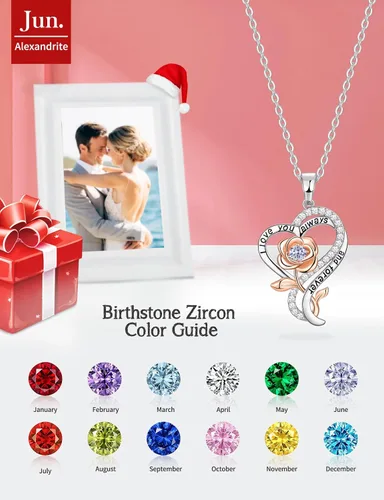 Vista 3 de Collar de corazón de rosa para mujer, collares de plata de ley 925 para mujer, collares de piedra natal, regalos para mujeres, regalos de cumpleaños