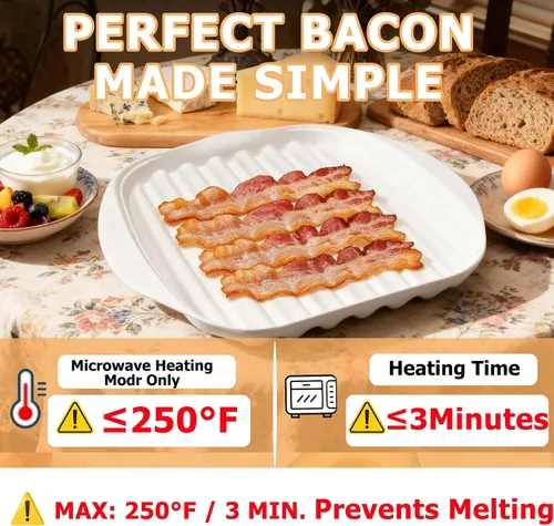 Vista 2 de Bandeja para microondas con tapa, cocinador de tocino para microondas, diseño eficiente de drenaje de aceite para tocino más saludable y crujiente