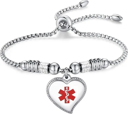 Vista 7 de mnmoom Elegant Medical Alert Bracelets for Women with heart medical id charm has Custom Engraved
