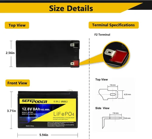 Vista 2 de SEFEPODER Batería de Litio LiFePO4 de Ciclo Profundo de 12V 8Ah, Batería Recargable de Más de 2000 Ciclos para Energía Solar/Eólica, Iluminación