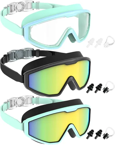 Vista 8 de NSSIW Gafas de natación para niños, antiniebla, sin fugas, con clip para la nariz, tapones para los oídos para niñas, niños y jóvenes, 6-14, paquete