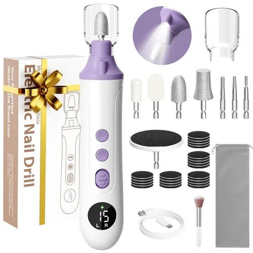 Vista 10 de Ccigedy Taladro eléctrico de uñas, lijadora profesional inalámbrica con pantalla LCD y lámpara, amoladora de uñas recargable para mujeres, kit