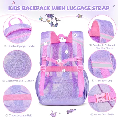 Vista 5 de Mochila para niñas, mochilas escolares de 16 pulgadas para niñas, bonita bolsa de libros para niñas, niños, estudiantes, escuela primaria, Sirena