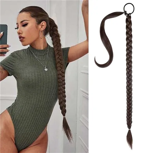 Vista 6 de Extensión de cola de caballo de trenza larga con lazo elástico, 1 unidad, extensiones de cabello sintético lacio y elegante envolvente para mujer