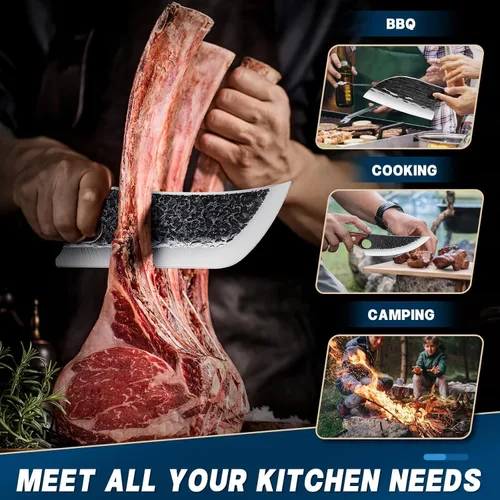 Vista 5 de TAN REN Juego de 3 Cuchillos de Carnicero para Cortar Carne, Cuchillos Cuchillas de Carnicero Forjados a Mano con Mango de Madera, Juego de Juego
