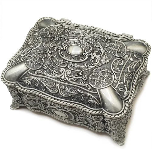 Vista 2 de Caja de música antigua de aleación de metal en relieve, caja de música con movimiento dorado para Navidad, cumpleaños, día de San Valentín, día