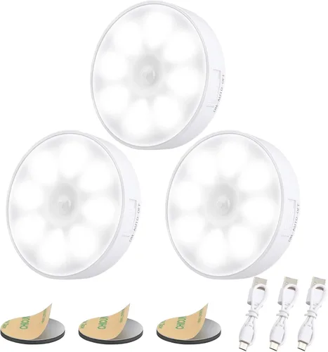 Vista 8 de Paquete de 3 luces con sensor de movimiento, 8 LED de luz nocturna recargable, con cable USB y parche magnético, 3 modos, luz de pared segura Blanco