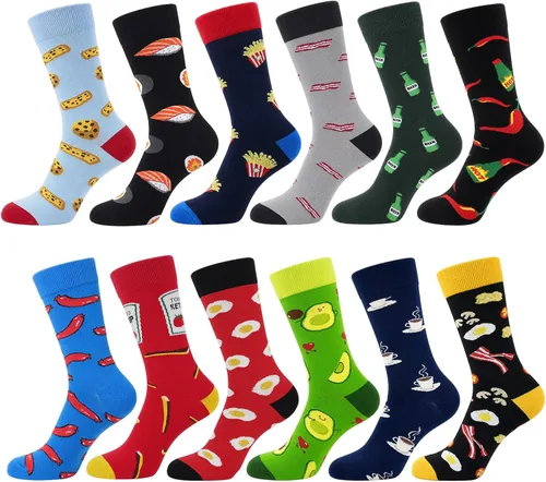 Vista 11 de WeciBor - 12 pares de calcetines de algodón peinado para hombre con diseños divertidos y locos, tamaño 7-10/10-13/13-15 Negro/Azul/Verde/Multicolor