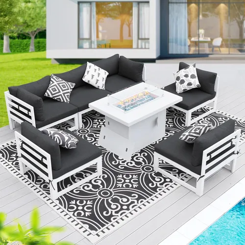 Vista 16 de BULEXYARD - Sofá modular de aluminio para exteriores con mesa para fogata, 7 piezas, color verde azulado