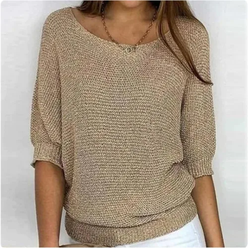 Vista 2 de Suéter de punto sólido para mujer, casual, de manga larga, cuello redondo, suéter de invierno, a la moda, cómodo, holgado, blusas para salir
