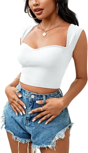 Vista 3 de LYANER Camiseta corta de punto acanalado con cuello cuadrado para mujer, sin mangas, ajustada, color liso