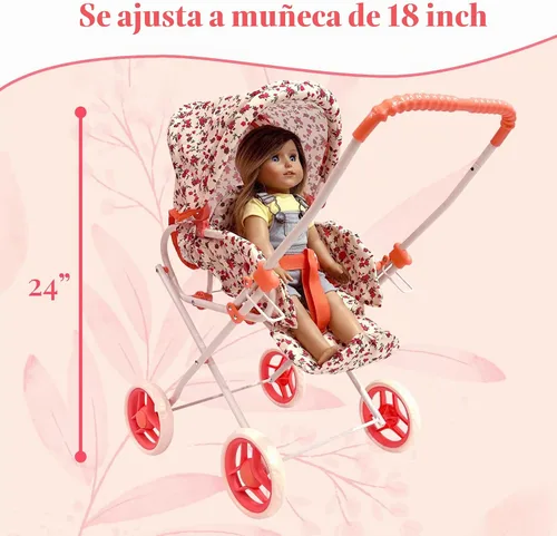 Vista 5 de Juego de Cochecito de Muñeca, Cochecito de Muñeca 3 en 1 con Moisés Extraíble, Carrito para Muñecas, Cochecito de Muñeca de Juguete para Niños Floral