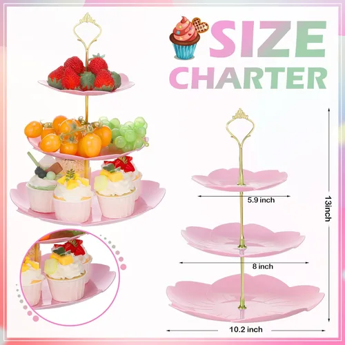 Vista 2 de 6 juegos de decoraciones de fiesta de té de 3 niveles de plástico para cupcakes, platos de postre, torta de frutas y dulces, torre de exhibición