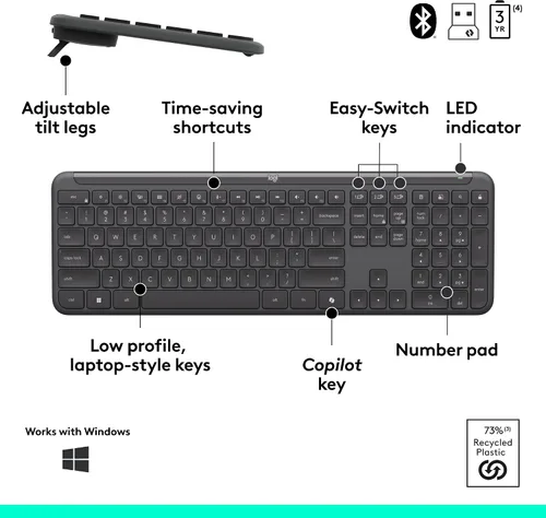 Vista 6 de Logitech Signature Slim MK955 Combo para Negocios Edición Copilot, Copilot de Microsoft, Copilot en Windows, Teclado y Mouse Inalámbricos