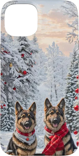 Vista 9 de iPhone 16 Lindo perro pastor alemán en paisaje nevado feliz Navidad caso