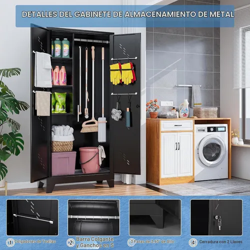 Vista 5 de Armario de almacenamiento de metal de 75 pulgadas con cerradura Negro