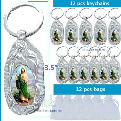 Vista 2 de 12 piezas de anillo de metal de San Judas Keychian favores de bautismo para niños y niñas Recuerdos de Bautizo San Judas (Wht)