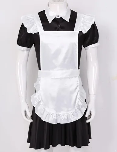 Vista 2 de QinCiao Disfraz de sirvienta para hombre, adulto, uniforme para cosplay, vestido mini babydoll con delantal francés, sirvienta, color negro