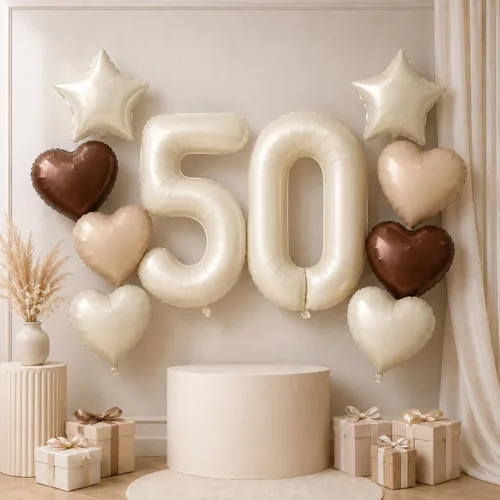 Vista 29 de Decoración de Globos Número 10 de 40 Pulgadas, Globos de Corazón Neutro de Papel de Aluminio Crema Retro Albaricoque Marrón con Globo de Helio