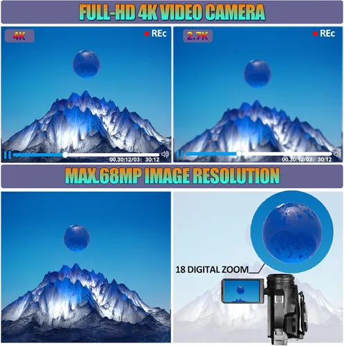 Vista 2 de Videocámara de video 4K UHD mejorada con micrófono, zoom digital de 18X, cámara de vlogging de enfoque automático para YouTube Antishake grabadora