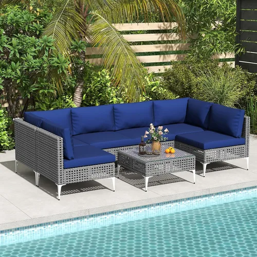 Vista 10 de Tangkula Juego de muebles de exterior de 5 piezas, juego de sofá modular acolchado de mimbre resistente con mesa de café de vidrio templado