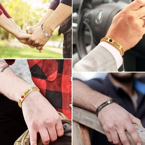 Vista 4 de Kurafeel Pulseras de alerta médica personalizadas para mujeres, hombres y niños, cadena cubana grande de 0.315in, pulseras de identificación médica