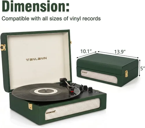 Vista 13 de Vinyl Record Player with Speakers Bass & Treble Control Turntable Green
