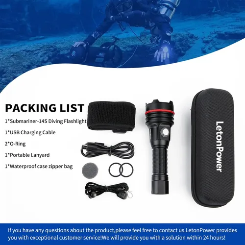 Vista 8 de Linterna submarina 14S de 2000 lúmenes con correas de gancho y bucle, 6 modos de linterna de buceo súper brillante, USB-C recargable, IP68 328 pies