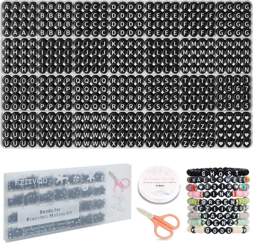 Vista 14 de FZIIVQU Kit de 1400 cuentas de letras, 28 estilos de cuentas acrílicas Letra negra y base blanca