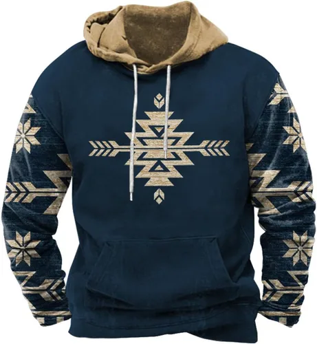 Vista 2 de HOTYD Western Cowboy Hooded Sweatshirt Vintage Aztec Pullover Men Casual Long Sleeve Drawstring Hoodies with Pocket