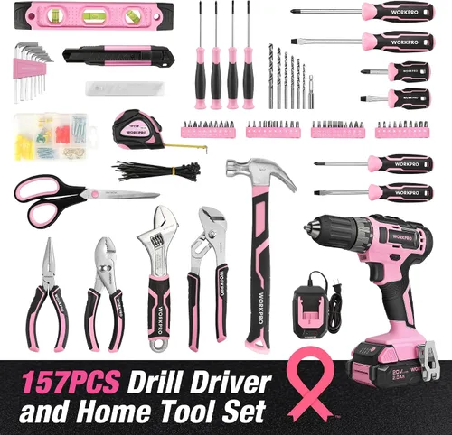 Vista 2 de WORKPRO Juego de herramientas para el hogar de 157 piezas con taladro eléctrico de 20 V y WORKPRO 43 piezas, juego de herramientas rosa con taladro